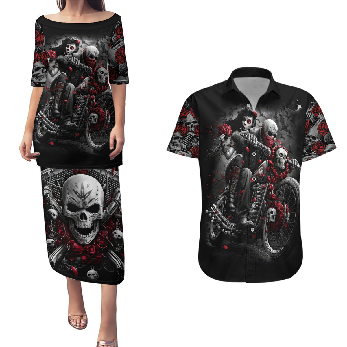 Skull Couples Matching Puletasi Dress and Hawaiian Shirt Riding Motocycle Girl Rose - Wonder Print Shop
