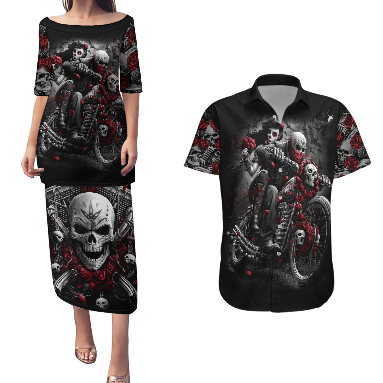 Skull Couples Matching Puletasi Dress and Hawaiian Shirt Riding Motocycle Girl Rose - Wonder Print Shop