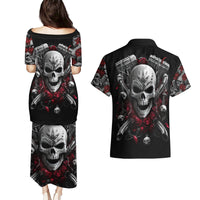 Skull Couples Matching Puletasi Dress and Hawaiian Shirt Riding Motocycle Girl Rose - Wonder Print Shop
