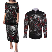 Skull Couples Matching Puletasi Dress and Long Sleeve Button Shirts Riding Motocycle Girl Rose - Wonder Print Shop