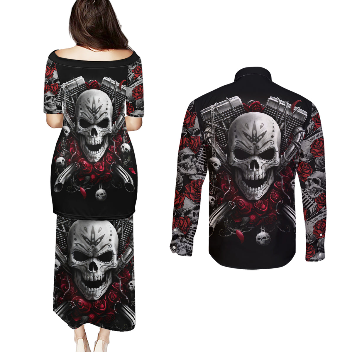 Skull Couples Matching Puletasi Dress and Long Sleeve Button Shirts Riding Motocycle Girl Rose - Wonder Print Shop