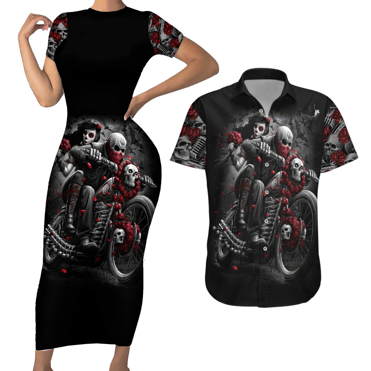 Skull Couples Matching Short Sleeve Bodycon Dress and Hawaiian Shirt Riding Motocycle Girl Rose - Wonder Print Shop