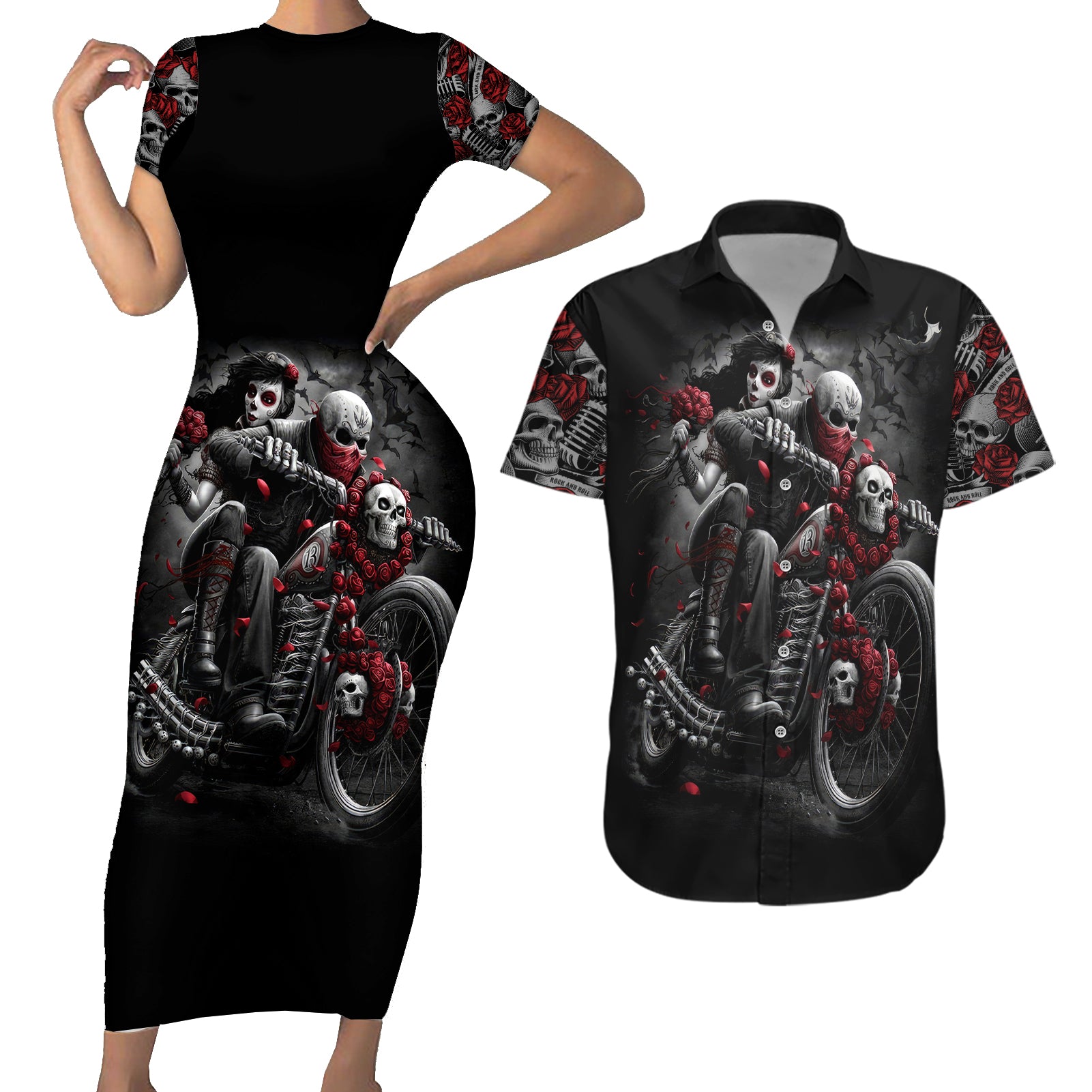 Skull Couples Matching Short Sleeve Bodycon Dress and Hawaiian Shirt Riding Motocycle Girl Rose - Wonder Print Shop