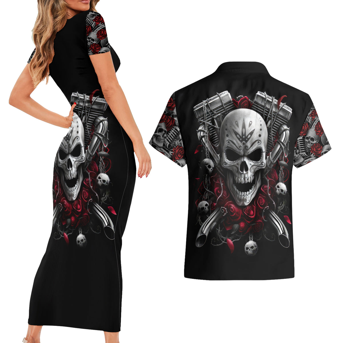 Skull Couples Matching Short Sleeve Bodycon Dress and Hawaiian Shirt Riding Motocycle Girl Rose - Wonder Print Shop
