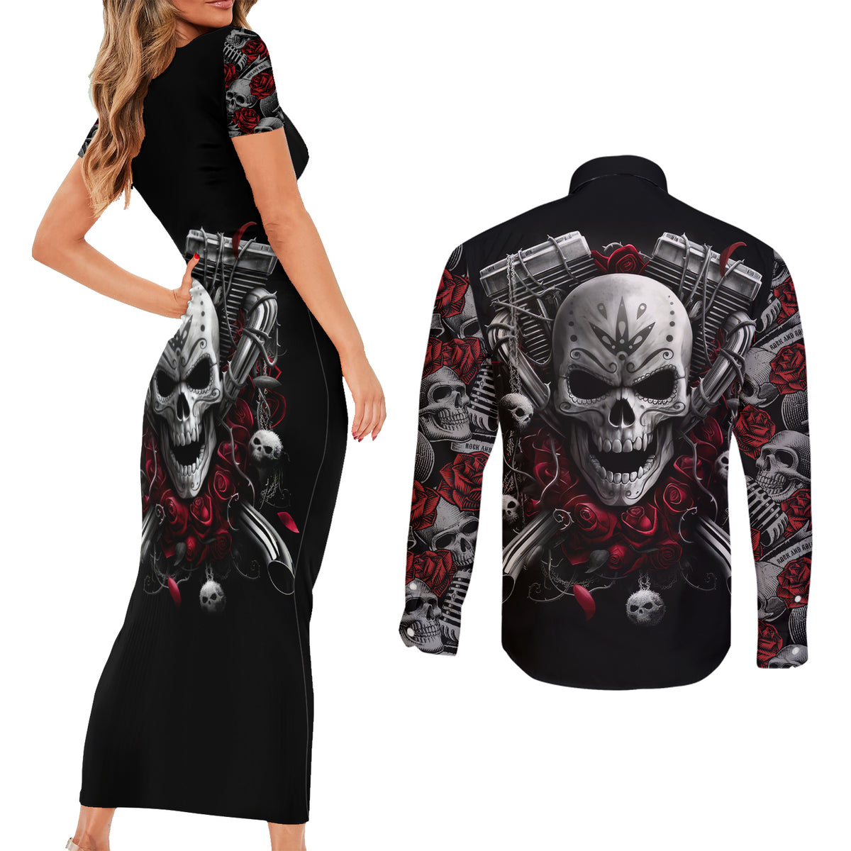 Skull Couples Matching Short Sleeve Bodycon Dress and Long Sleeve Button Shirts Riding Motocycle Girl Rose - Wonder Print Shop