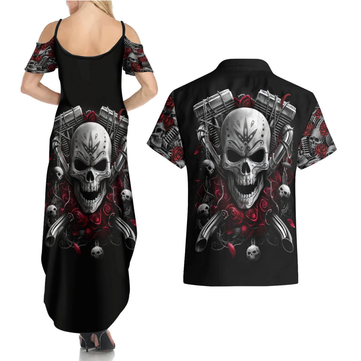Skull Couples Matching Summer Maxi Dress and Hawaiian Shirt Riding Motocycle Girl Rose - Wonder Print Shop