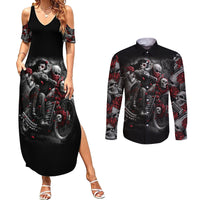 Skull Couples Matching Summer Maxi Dress and Long Sleeve Button Shirts Riding Motocycle Girl Rose - Wonder Print Shop