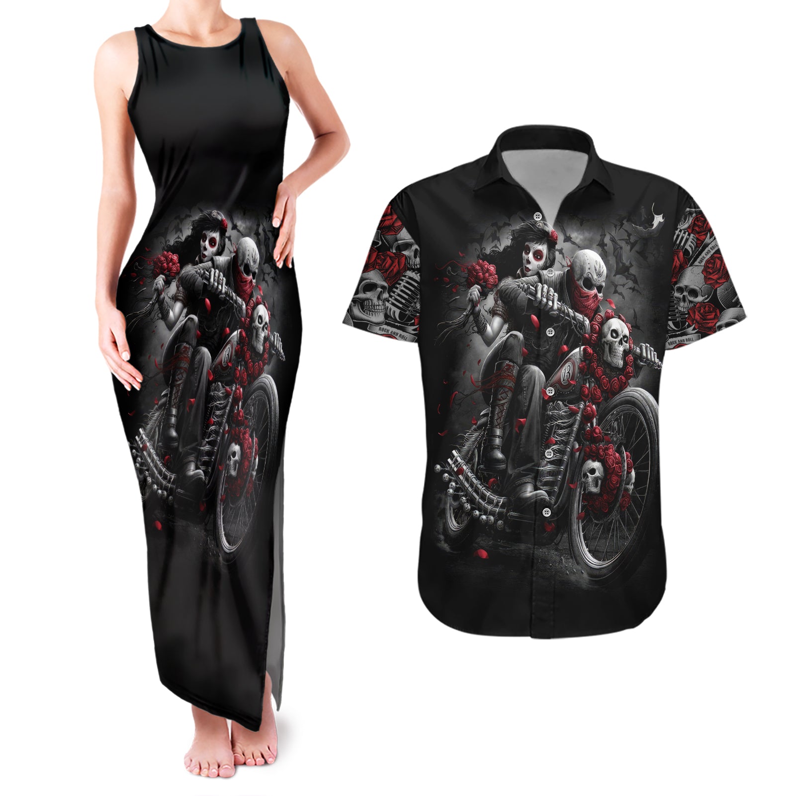 Skull Couples Matching Tank Maxi Dress And Hawaiian Shirt Riding Motocycle Girl Rose - Wonder Print Shop