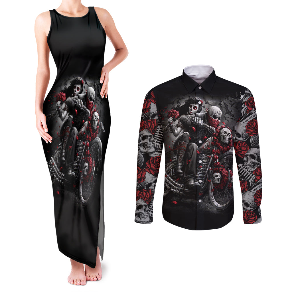 Skull Couples Matching Tank Maxi Dress and Long Sleeve Button Shirts Riding Motocycle Girl Rose - Wonder Print Shop