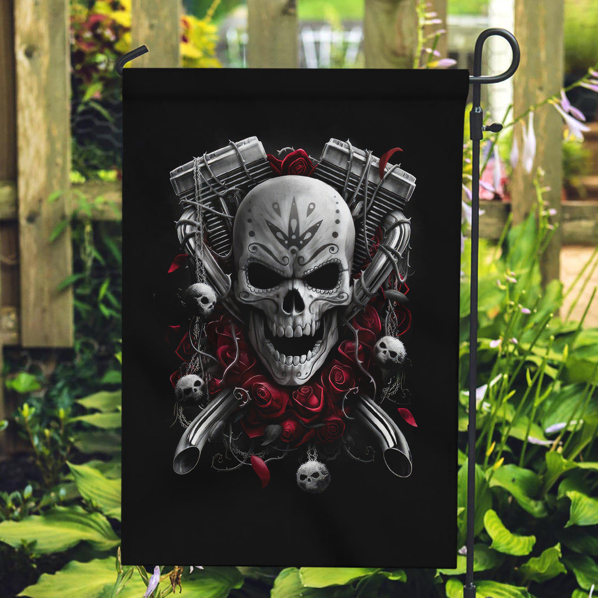 Skull Garden Flag Riding Motocycle Girl Rose - Wonder Print Shop