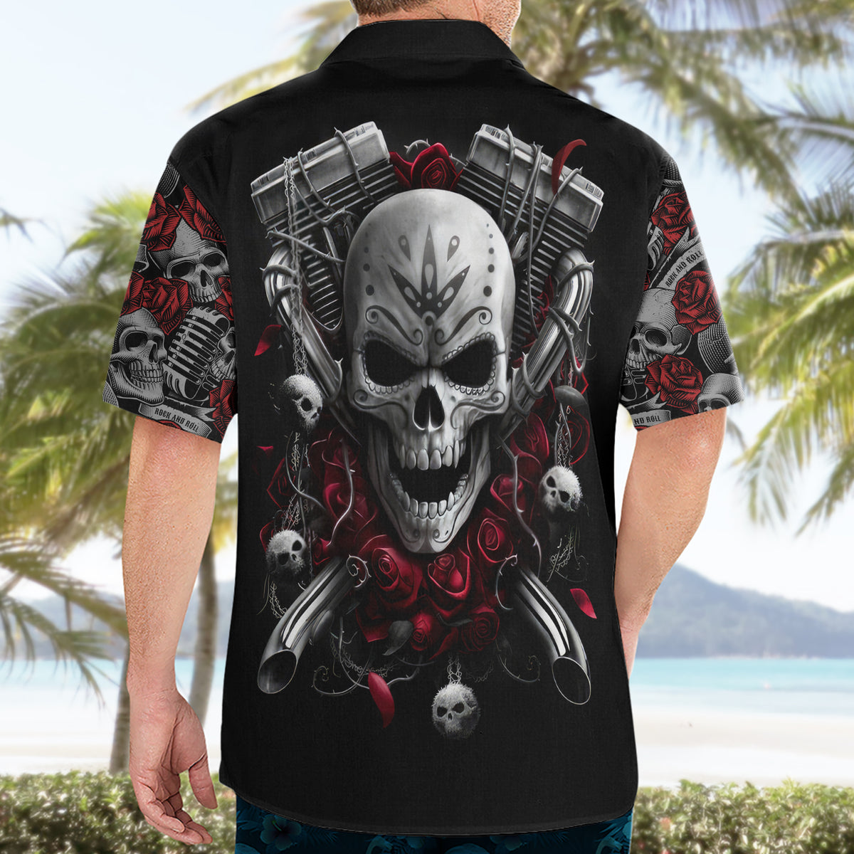 Skull Hawaiian Shirt Riding Motocycle Girl Rose - Wonder Print Shop