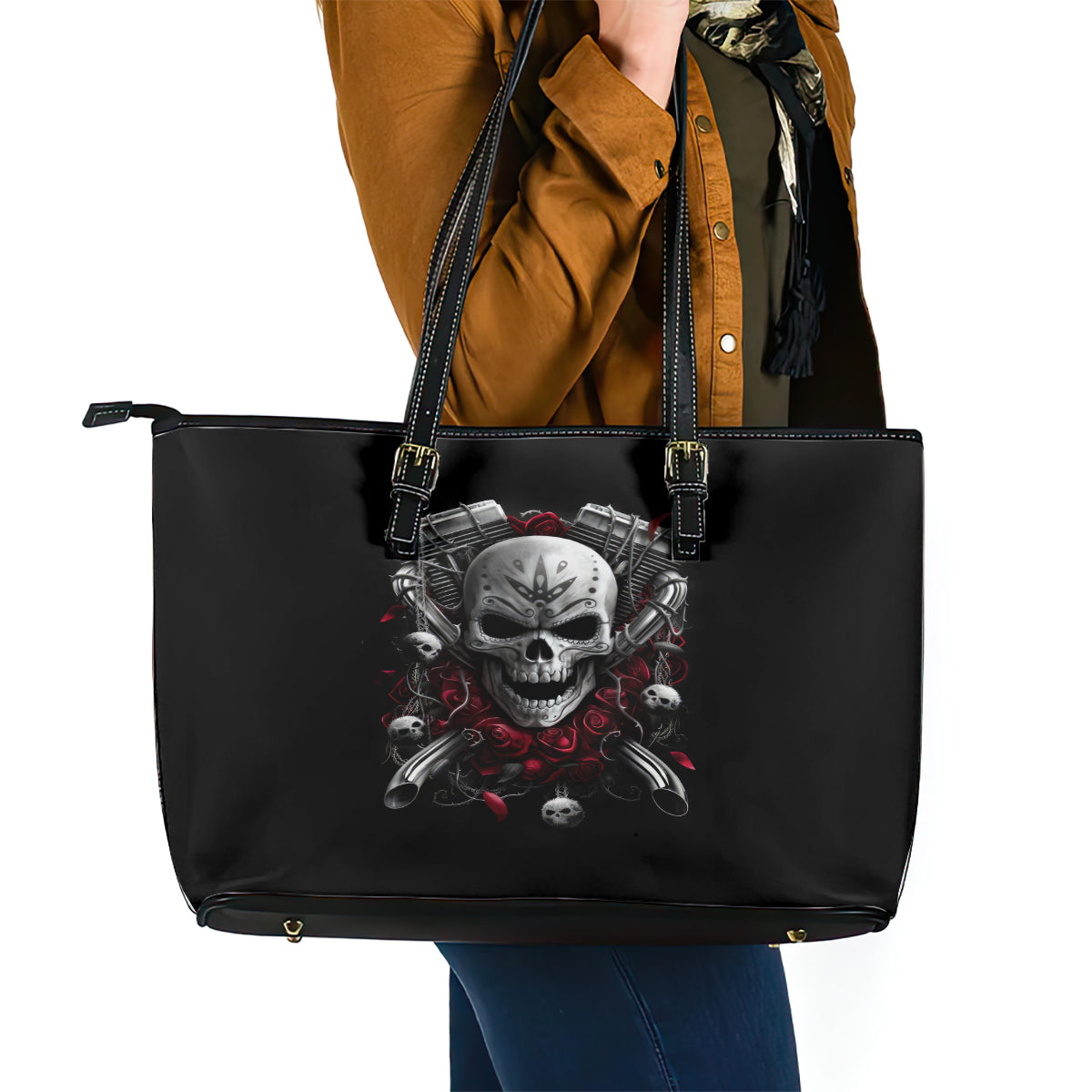 Skull Leather Tote Bag Riding Motocycle Girl Rose - Wonder Print Shop
