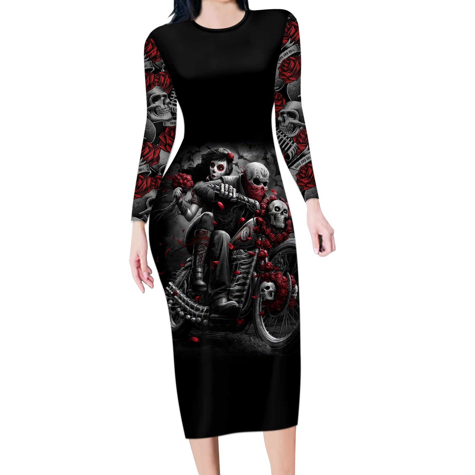 Skull Long Sleeve Bodycon Dress Riding Motocycle Girl Rose - Wonder Print Shop