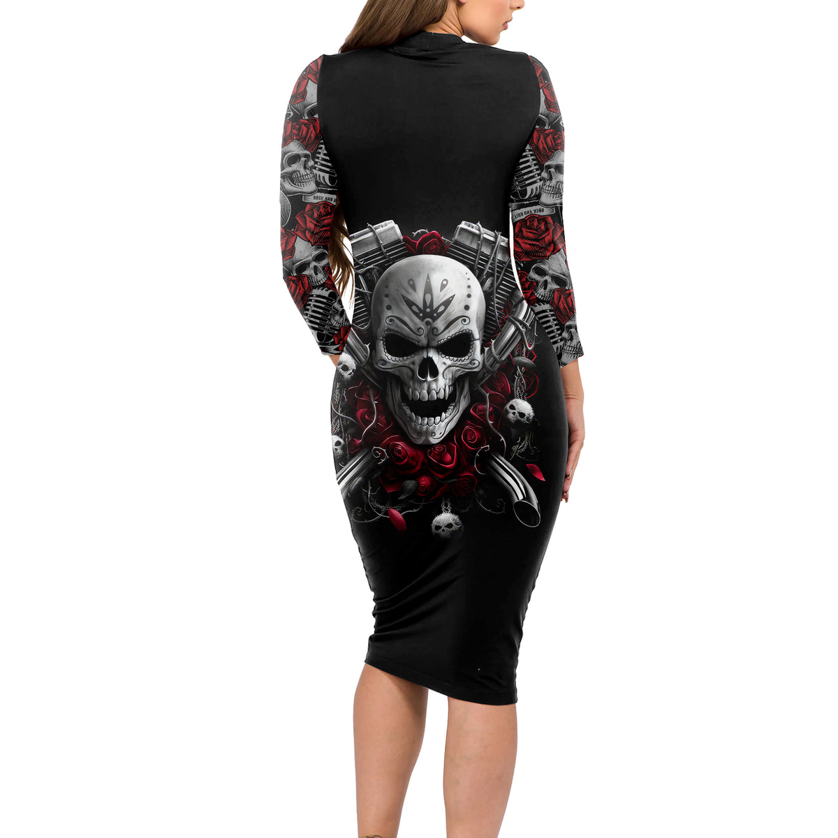 Skull Long Sleeve Bodycon Dress Riding Motocycle Girl Rose - Wonder Print Shop