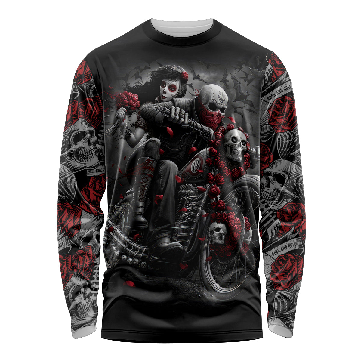 Skull Long Sleeve Shirt Riding Motocycle Girl Rose - Wonder Print Shop