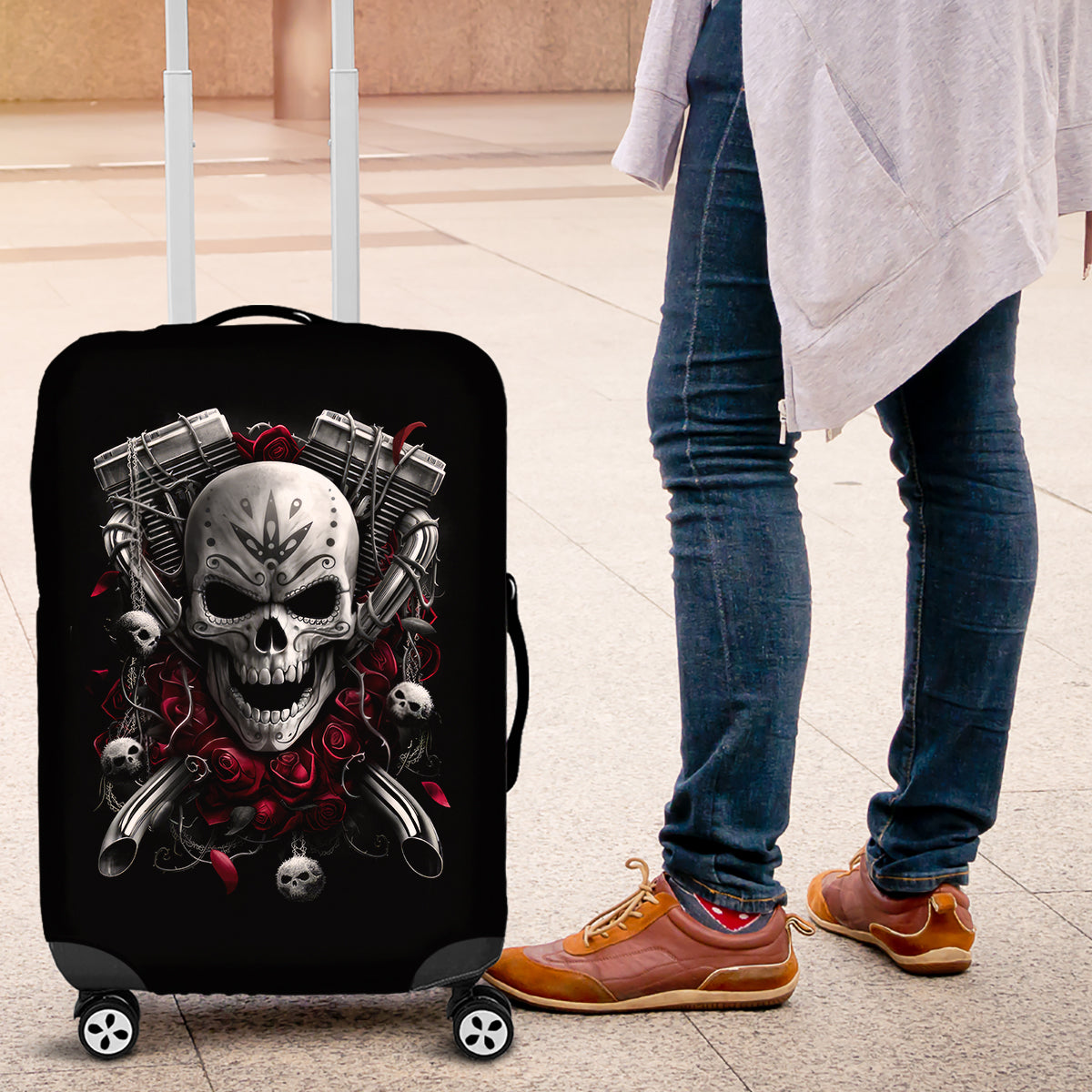 Skull Luggage Cover Riding Motocycle Girl Rose - Wonder Print Shop