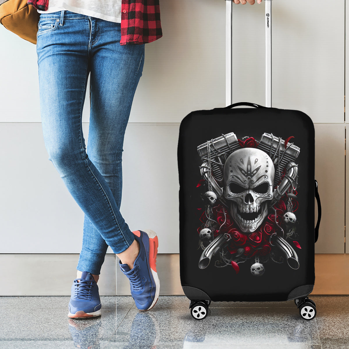 Skull Luggage Cover Riding Motocycle Girl Rose - Wonder Print Shop