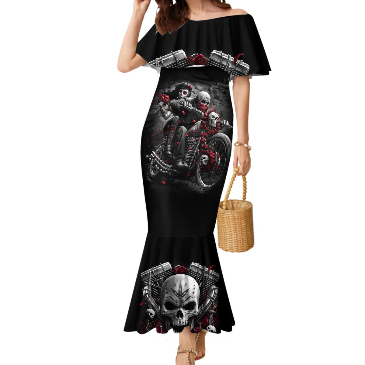 Skull Mermaid Dress Riding Motocycle Girl Rose - Wonder Print Shop