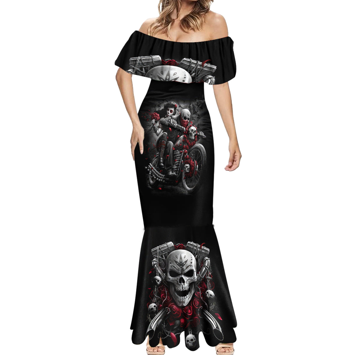 Skull Mermaid Dress Riding Motocycle Girl Rose - Wonder Print Shop