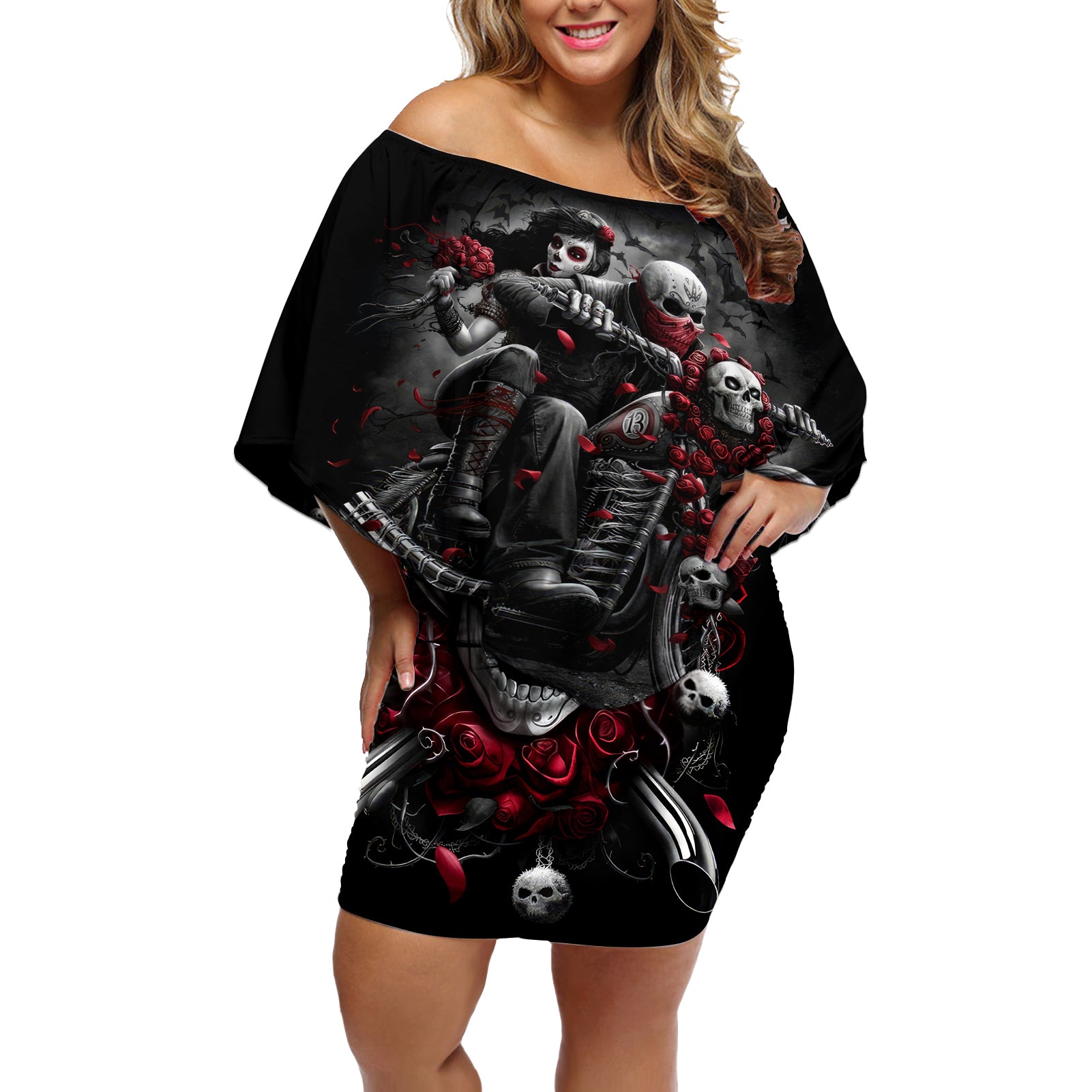 Skull Off Shoulder Short Dress Riding Motocycle Girl Rose - Wonder Print Shop