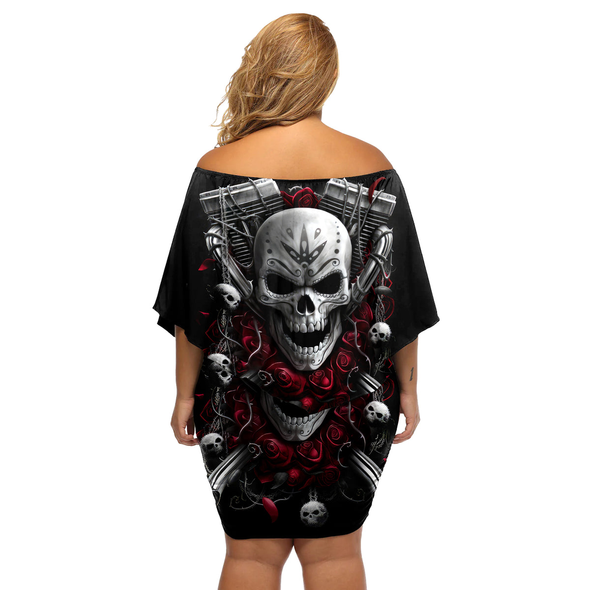 Skull Off Shoulder Short Dress Riding Motocycle Girl Rose - Wonder Print Shop