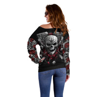 Skull Off Shoulder Sweater Riding Motocycle Girl Rose - Wonder Print Shop