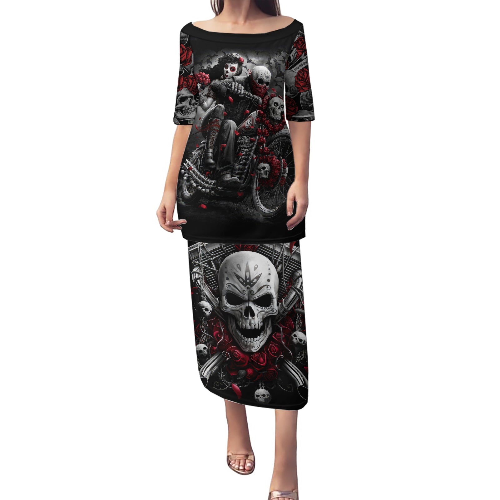 Skull Puletasi Riding Motocycle Girl Rose - Wonder Print Shop