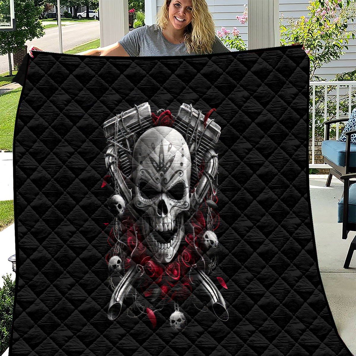 Skull Quilt Riding Motocycle Girl Rose - Wonder Print Shop