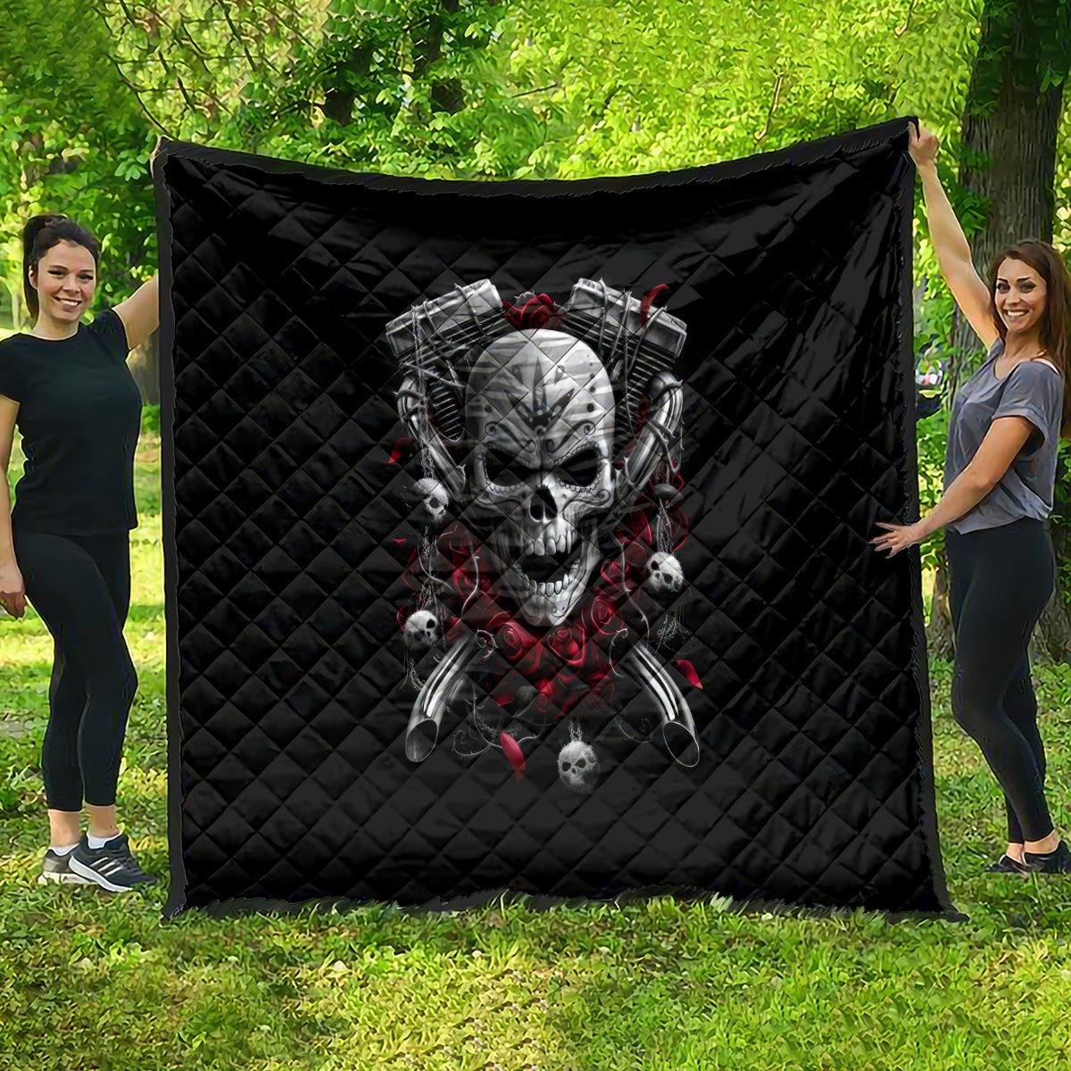 Skull Quilt Riding Motocycle Girl Rose - Wonder Print Shop