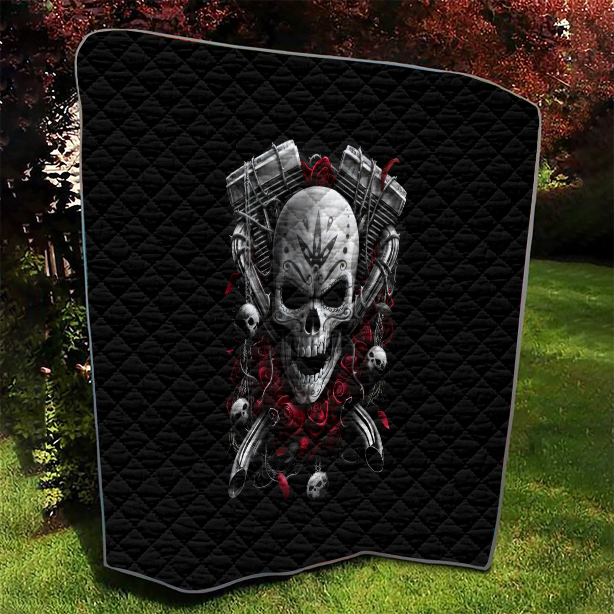Skull Quilt Riding Motocycle Girl Rose - Wonder Print Shop