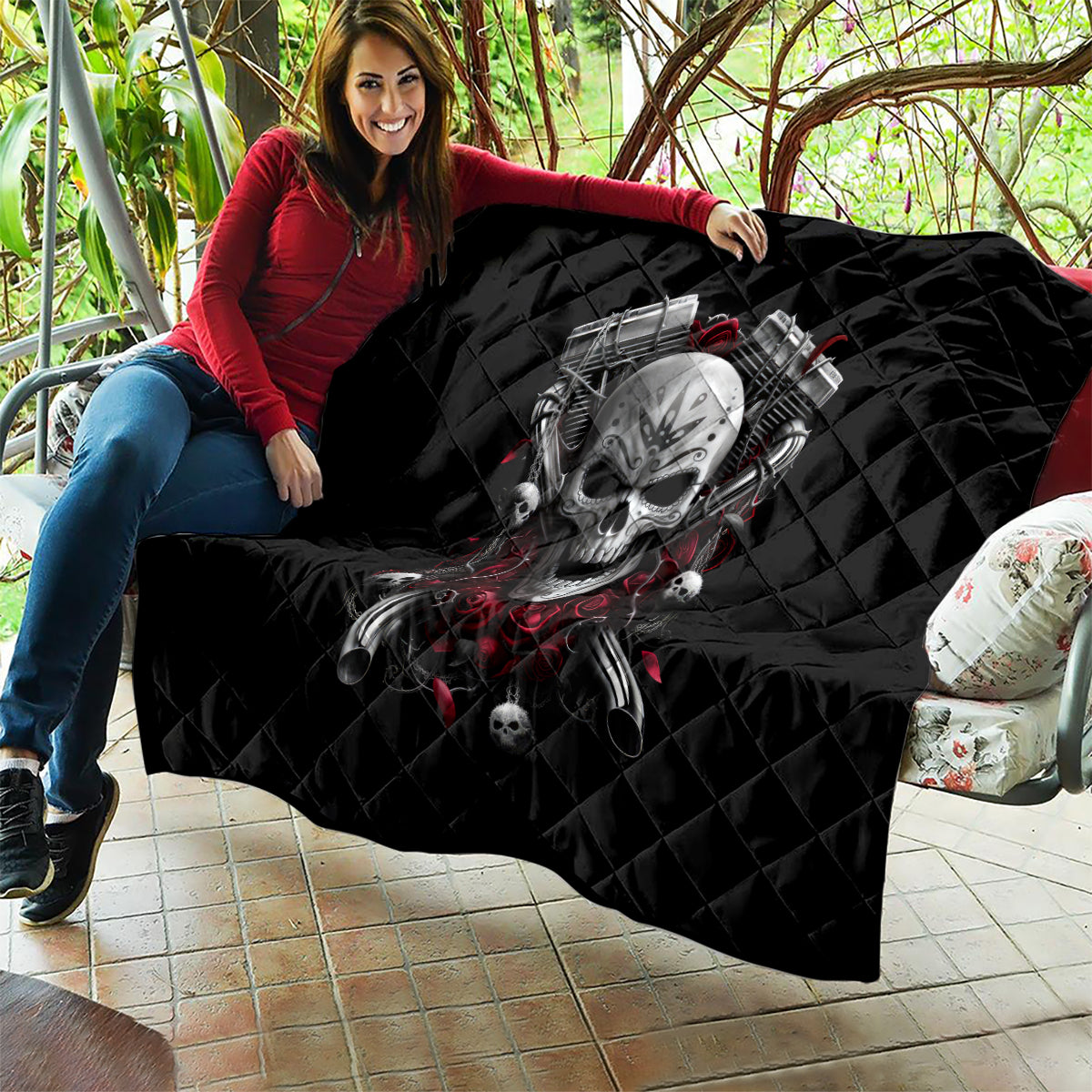 Skull Quilt Riding Motocycle Girl Rose - Wonder Print Shop