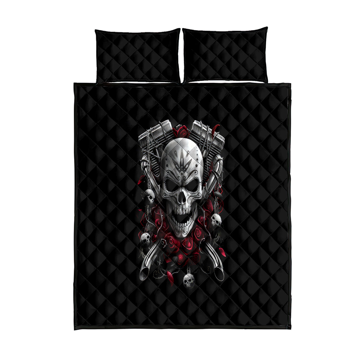 Skull Quilt Bed Set Riding Motocycle Girl Rose - Wonder Print Shop