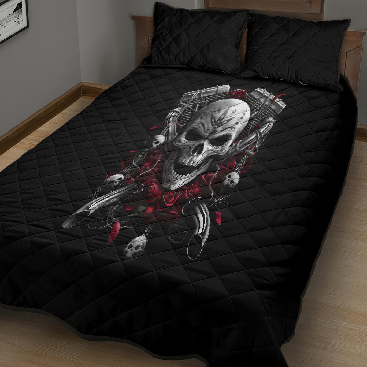 Skull Quilt Bed Set Riding Motocycle Girl Rose - Wonder Print Shop