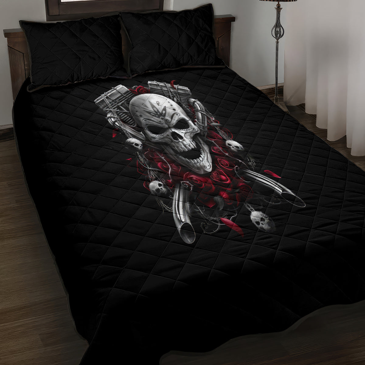 Skull Quilt Bed Set Riding Motocycle Girl Rose - Wonder Print Shop