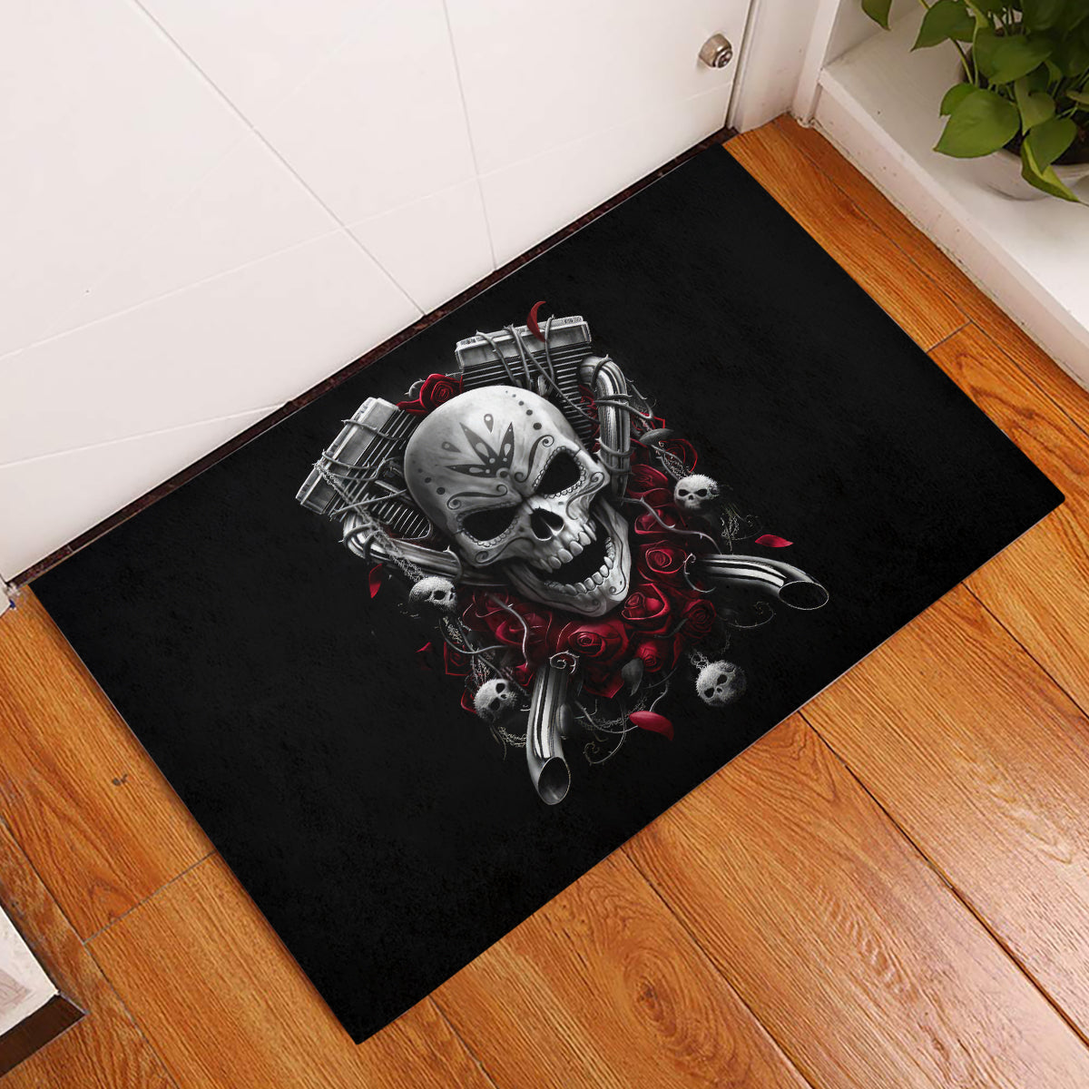 Skull Rubber Doormat Riding Motocycle Girl Rose - Wonder Print Shop