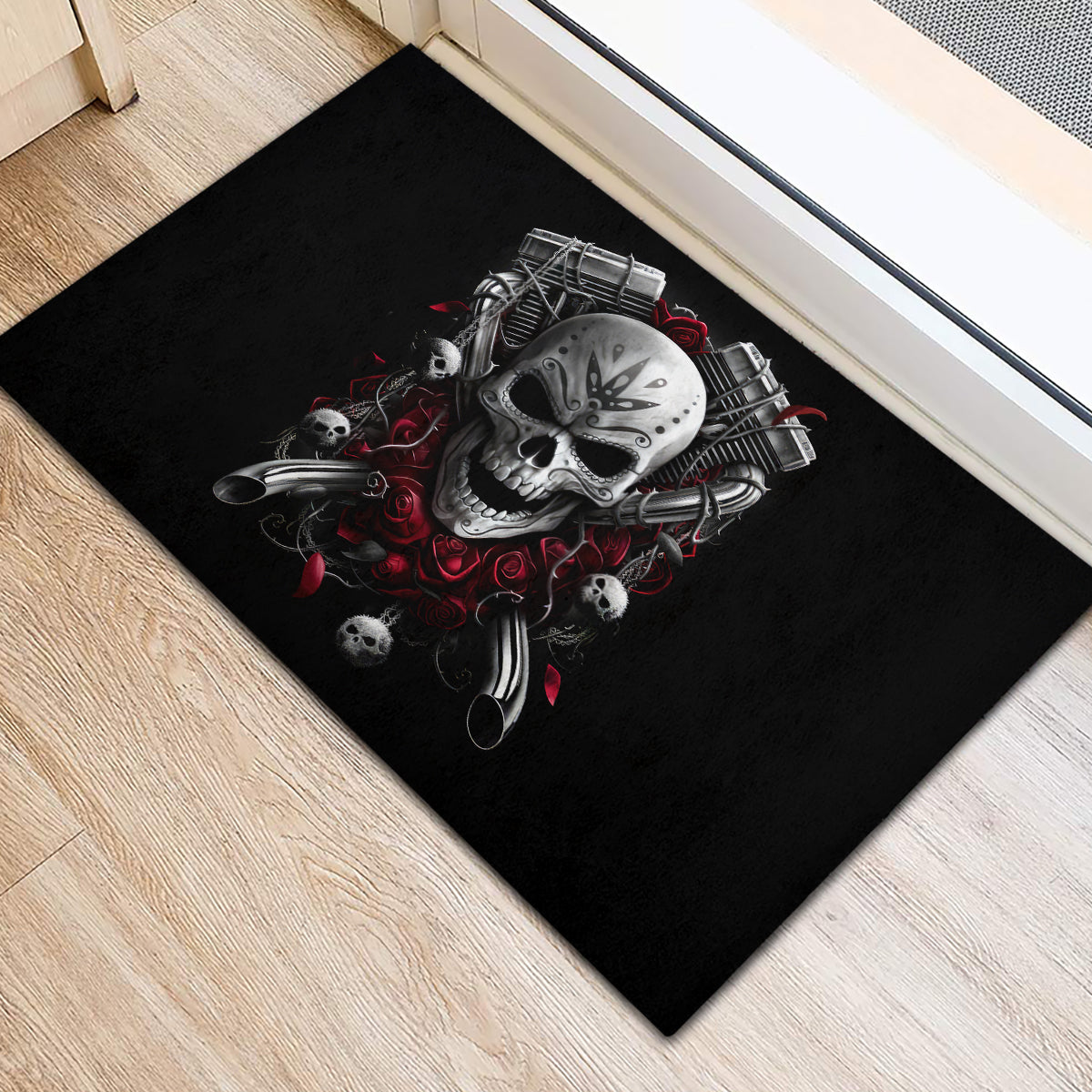 Skull Rubber Doormat Riding Motocycle Girl Rose - Wonder Print Shop