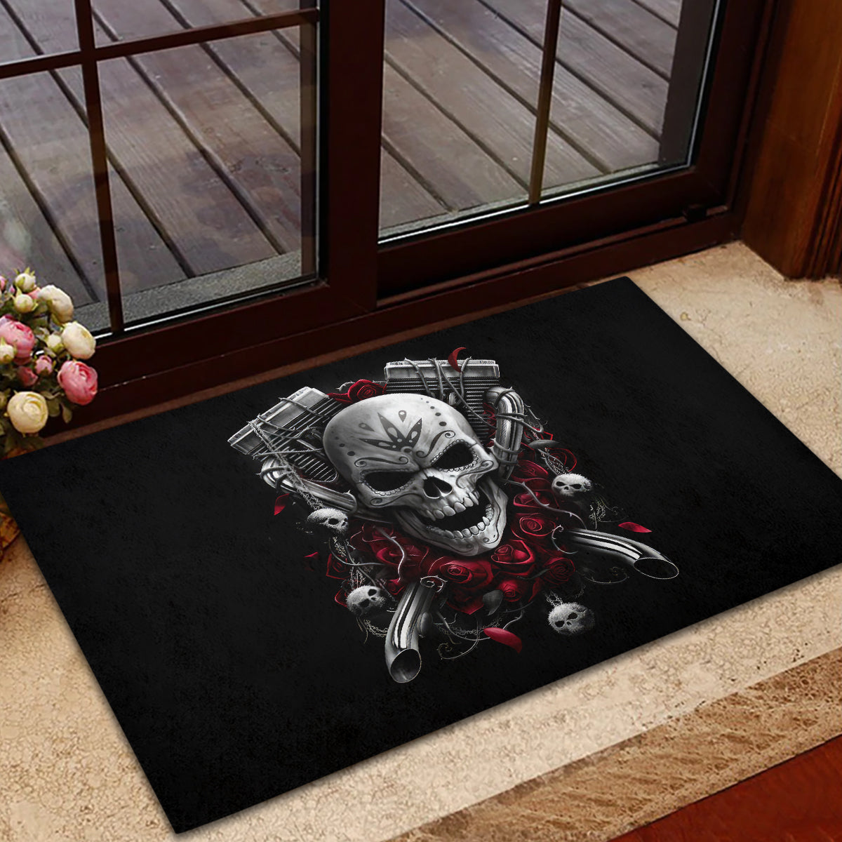 Skull Rubber Doormat Riding Motocycle Girl Rose - Wonder Print Shop