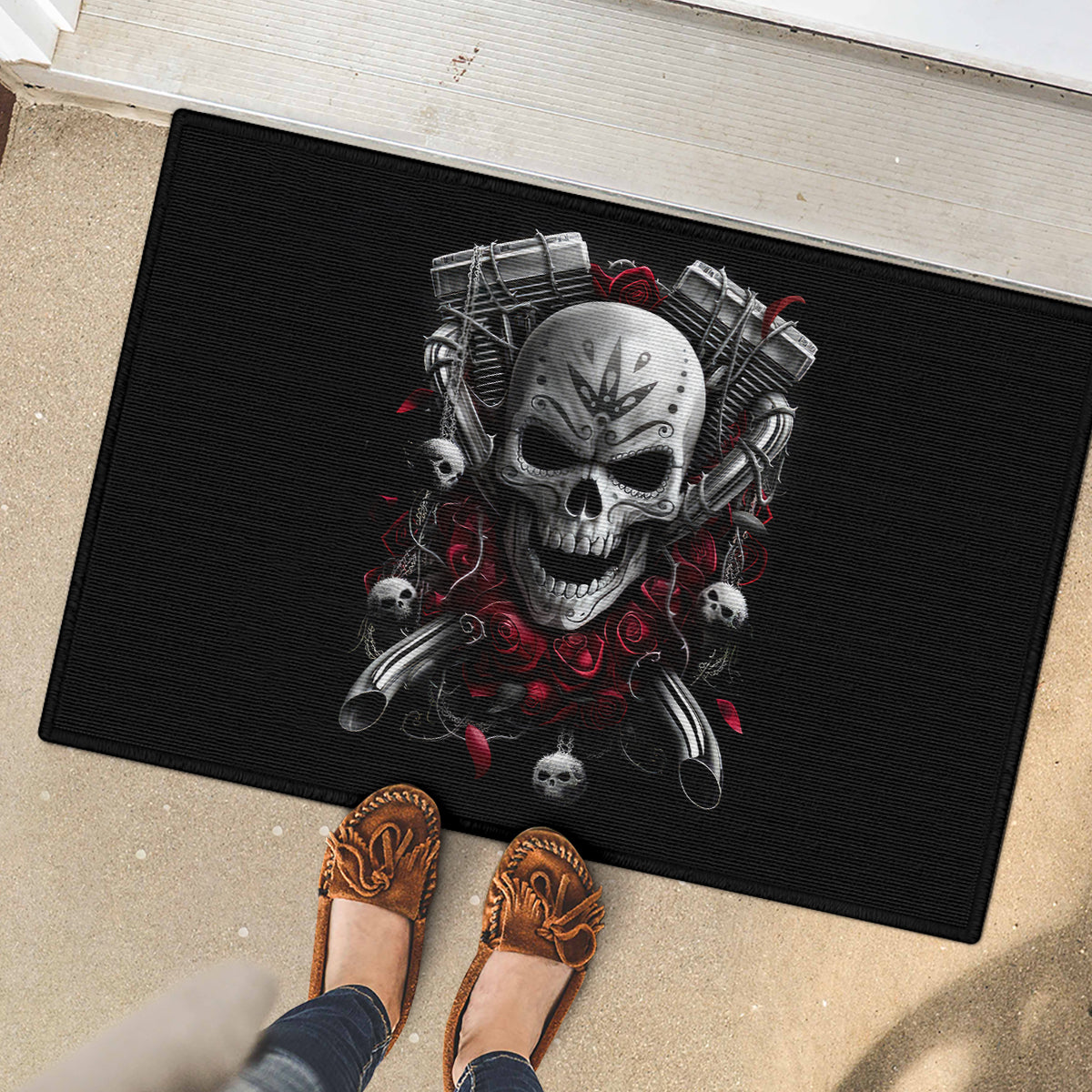 Skull Rubber Doormat Riding Motocycle Girl Rose - Wonder Print Shop