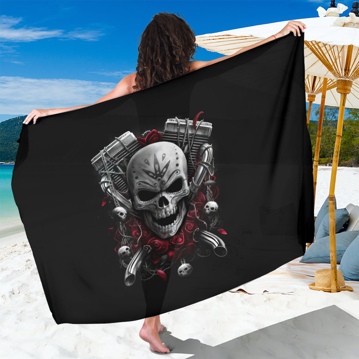 Skull Sarong Riding Motocycle Girl Rose - Wonder Print Shop