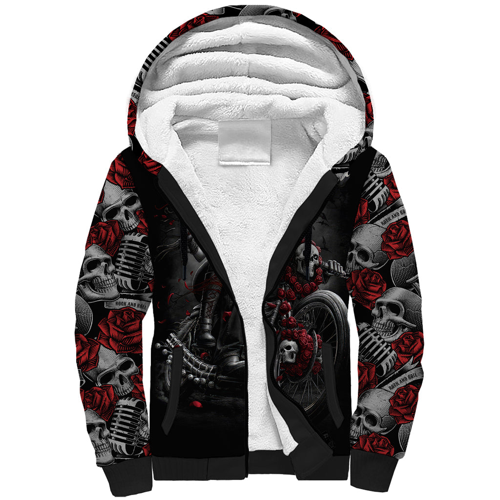Skull Sherpa Hoodie Riding Motocycle Girl Rose - Wonder Print Shop