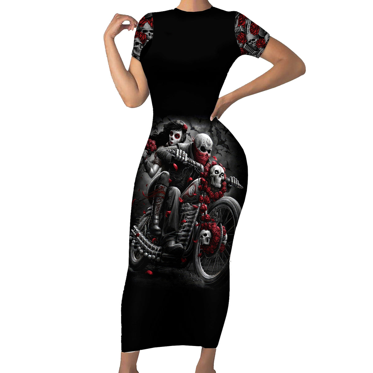 Skull Short Sleeve Bodycon Dress Riding Motocycle Girl Rose - Wonder Print Shop