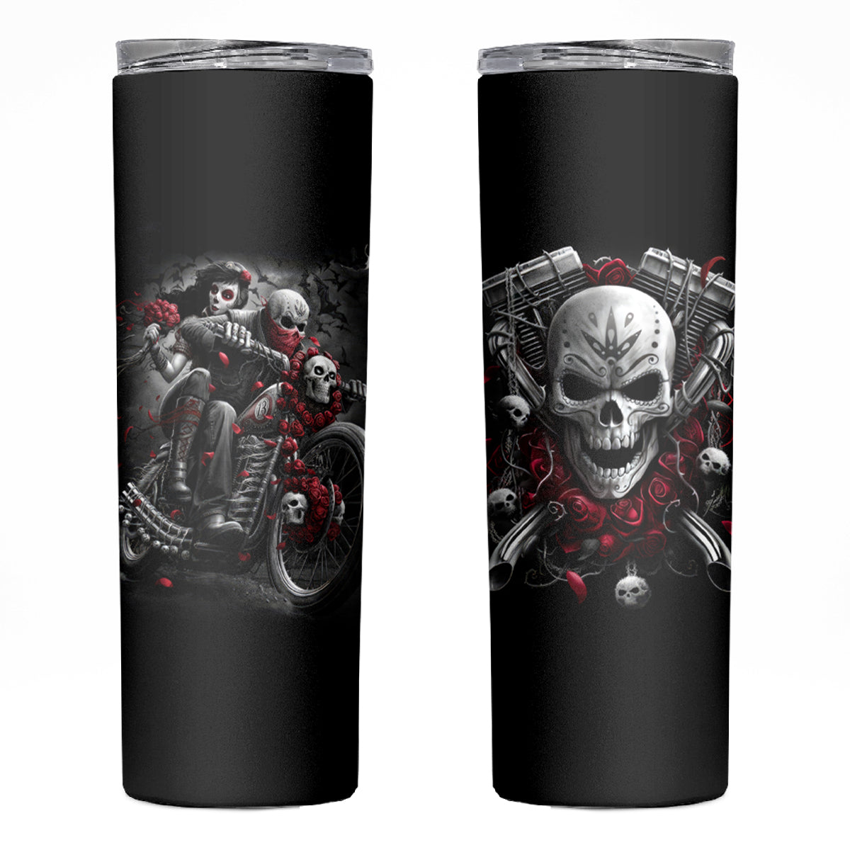 Skull Skinny Tumbler Riding Motocycle Girl Rose - Wonder Print Shop
