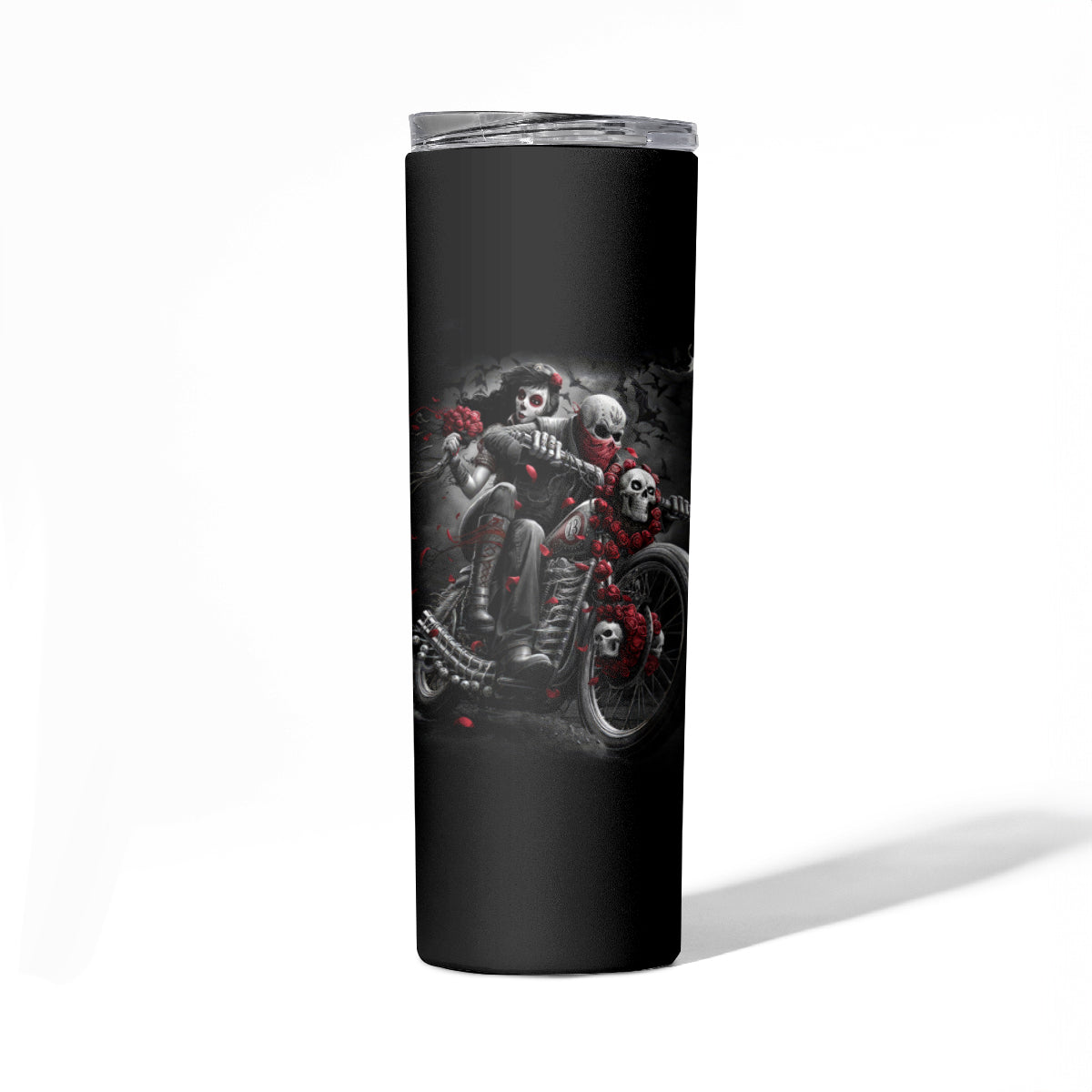 Skull Skinny Tumbler Riding Motocycle Girl Rose - Wonder Print Shop