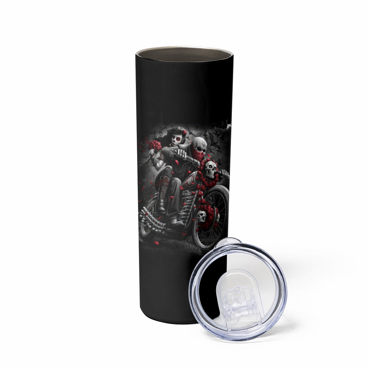 Skull Skinny Tumbler Riding Motocycle Girl Rose - Wonder Print Shop