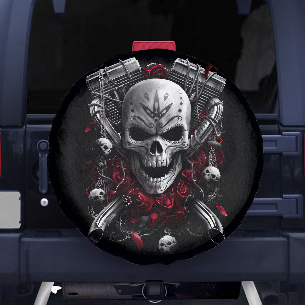 Skull Spare Tire Cover Riding Motocycle Girl Rose - Wonder Print Shop