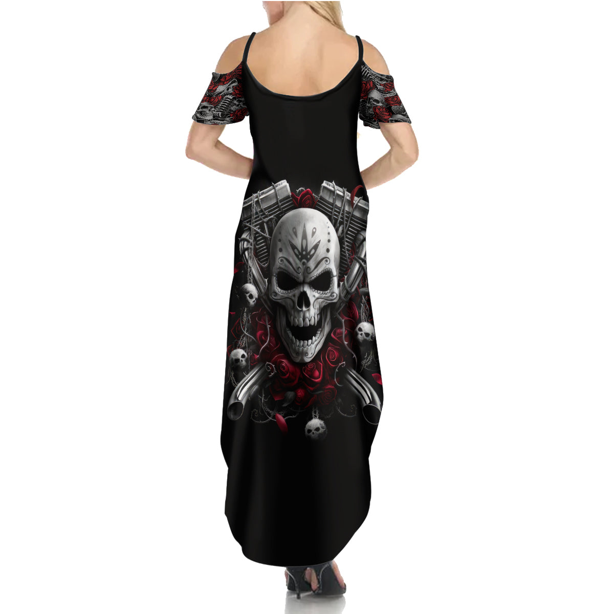 Skull Summer Maxi Dress Riding Motocycle Girl Rose - Wonder Print Shop