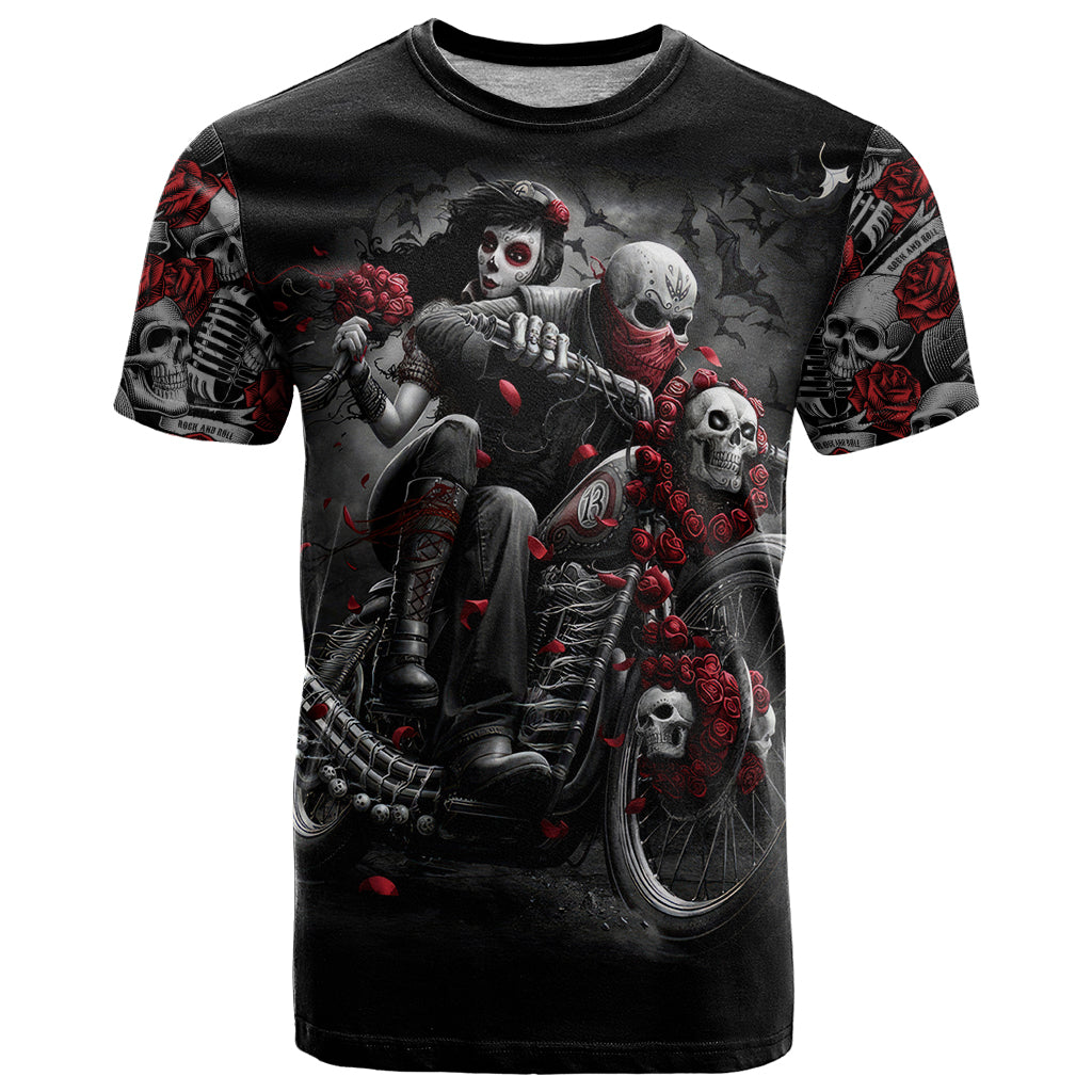 Skull T Shirt Riding Motocycle Girl Rose - Wonder Print Shop