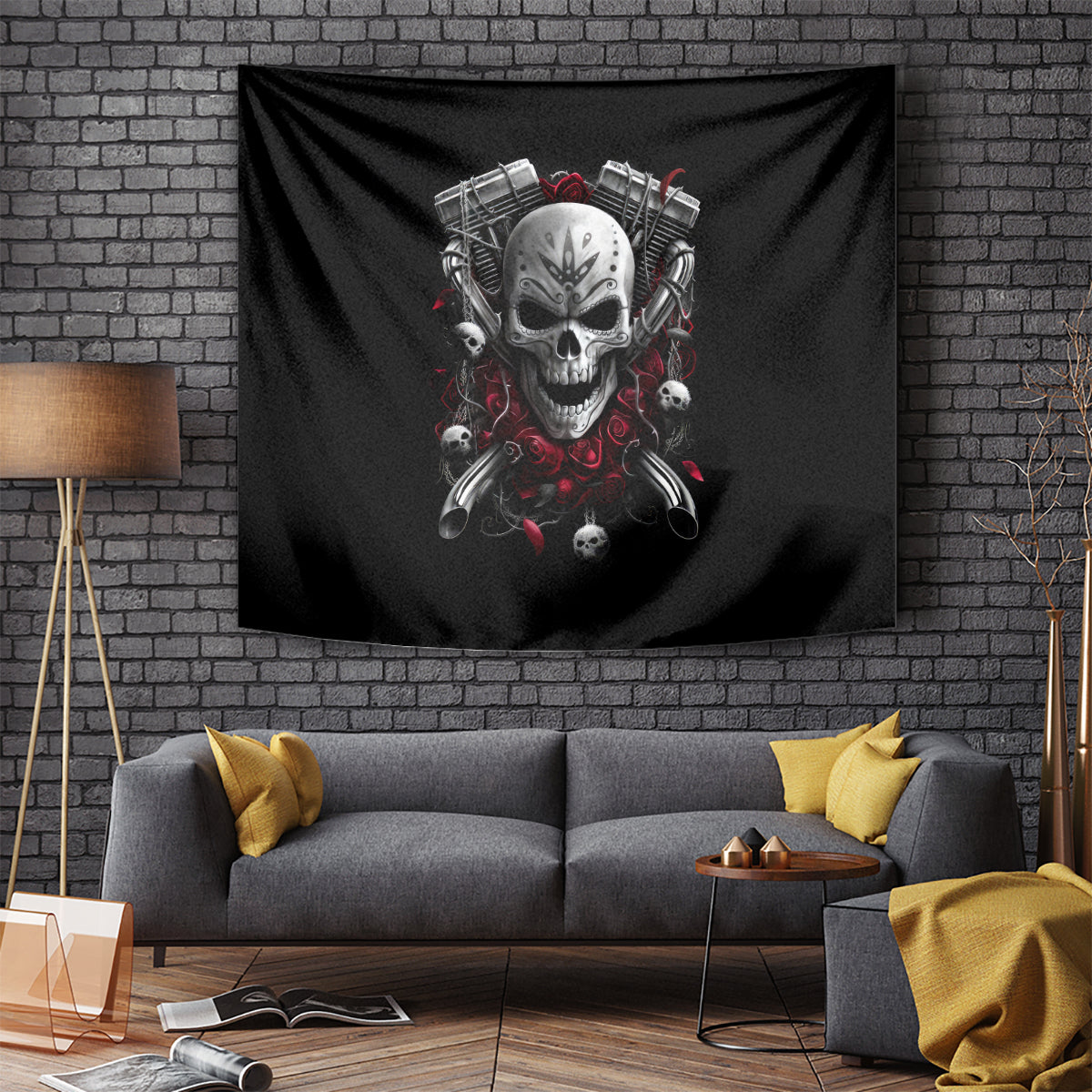 Skull Tapestry Riding Motocycle Girl Rose - Wonder Print Shop