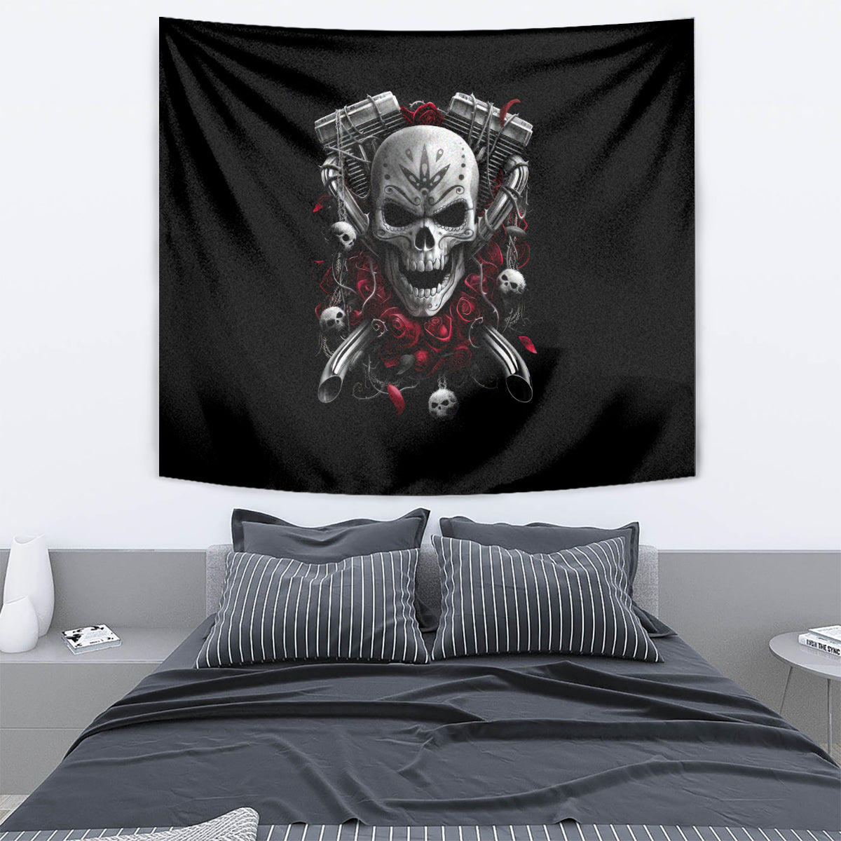 Skull Tapestry Riding Motocycle Girl Rose - Wonder Print Shop