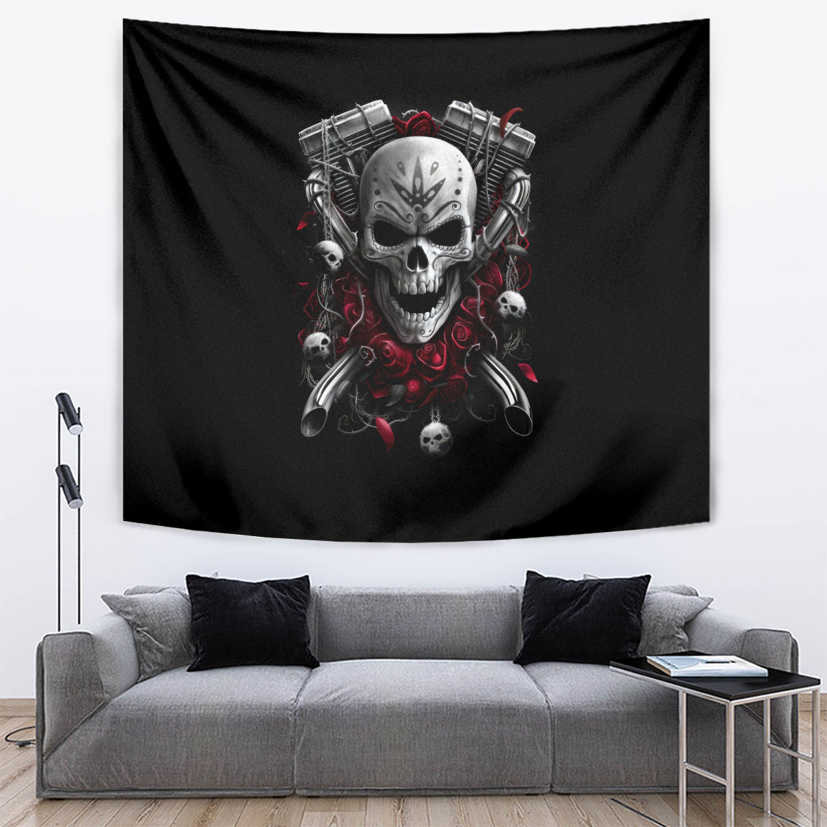 Skull Tapestry Riding Motocycle Girl Rose - Wonder Print Shop